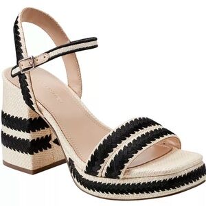 Marc Fisher Honnia Square Toe Woven Black & Natural Block Heel Sandal